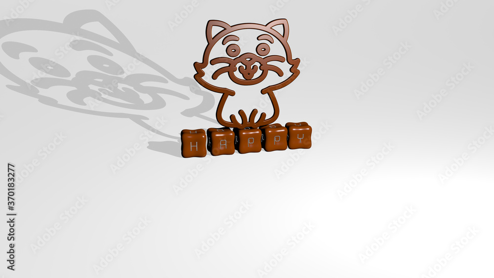 Poster 3d graphical image of happy vertically along with text built by metallic cubic letters from the top 