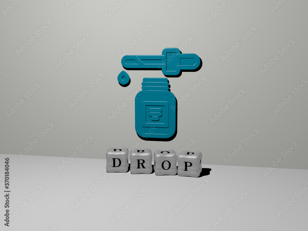 Poster 3d representation of drop with icon on the wall and text arranged by metallic cubic letters on a mir