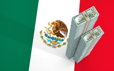 Stacks of 100 Dollar banknotes on Mexico national flag. Copy Space on the left side. 3D Rendering