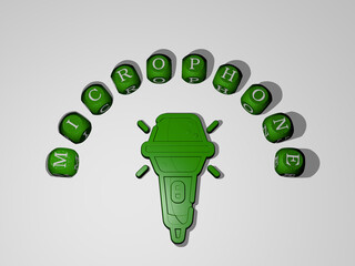 3D representation of MICROPHONE with icon on the wall and text arranged by metallic cubic letters on a mirror floor for concept meaning and slideshow presentation. illustration and background