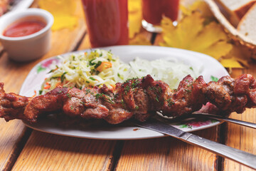 Grilled pork shashlik with pickled onions and tomato juice. Autumn still life in a rustic style. Tinted background