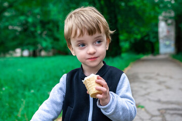 little child holds ice cream in his hand. boy in the park in nature with food. summer walks with parents.