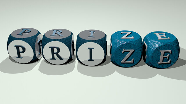 PRIZE combined by dice letters and color crossing for the related meanings of the concept. illustration and award