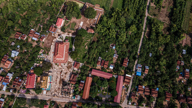 Aerial view over Koh Paen island near Kampong Cham, Cambodia 