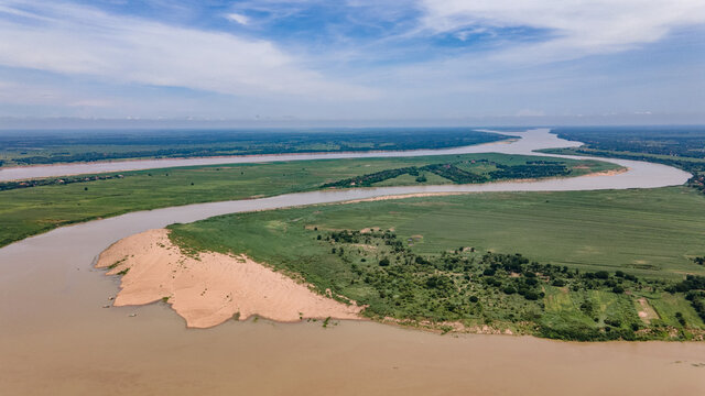 Drone picture of the Mekong river in Kampong Cham province, Cambodia 