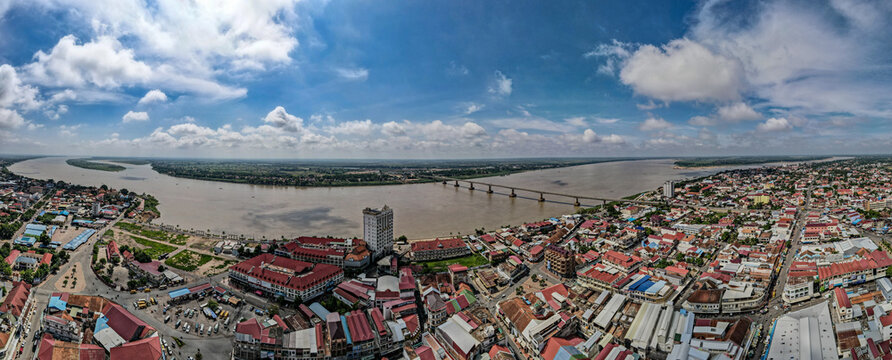 Aerial drone picture of Kampong Cham city, Cambodia 