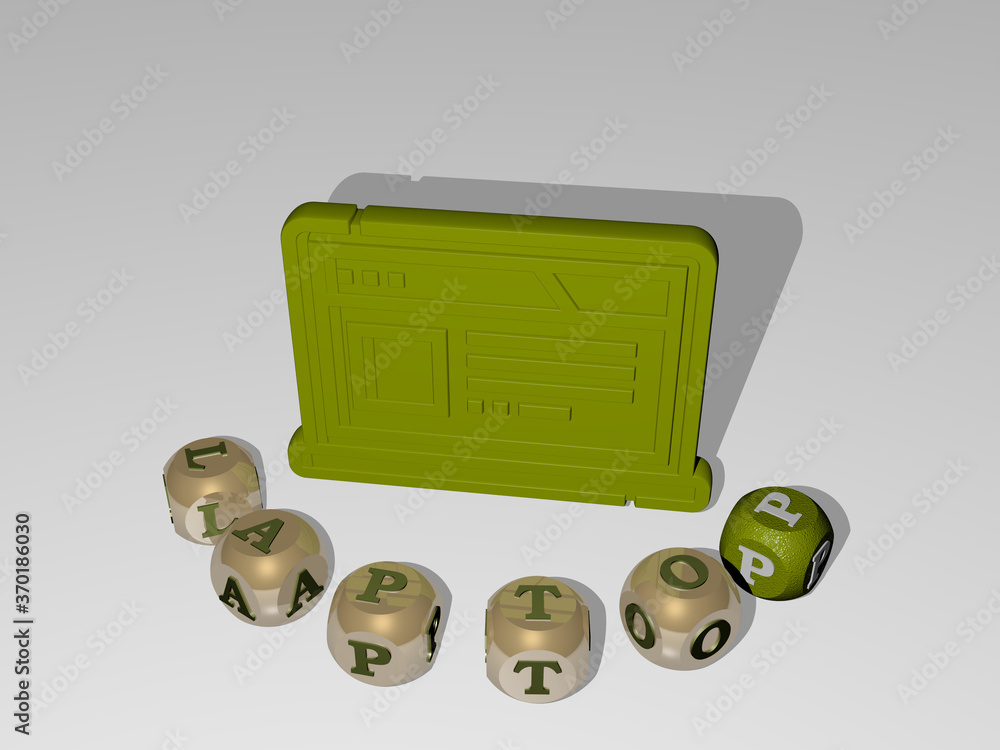 Poster 3d illustration of laptop graphics and text around the icon made by metallic dice letters for the re