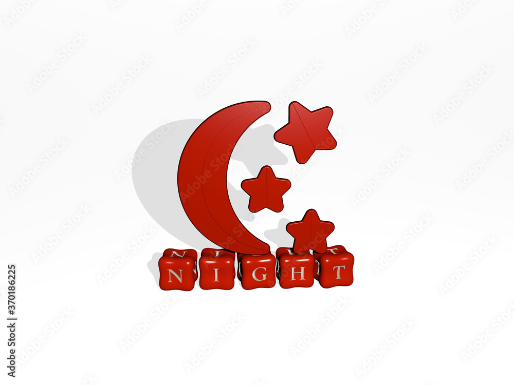 Poster 3d graphical image of night vertically along with text built by metallic cubic letters from the top 