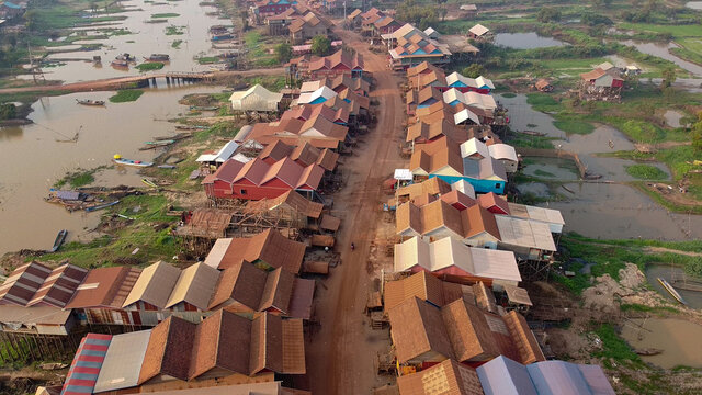 Drone picture above the floating village of Kampong Khleang, along the Tonle Sap lake, Siem Reap province, Cambodia 