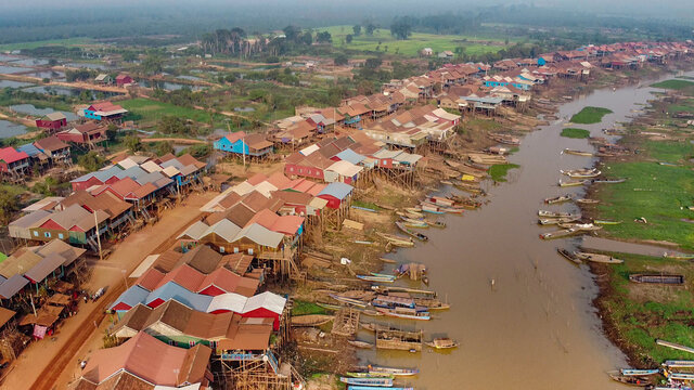 Drone picture above the floating village of Kampong Khleang, along the Tonle Sap lake, Siem Reap province, Cambodia 
