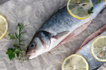 Fresh fish, Seabass, seasoned with spices, garlic and salt.