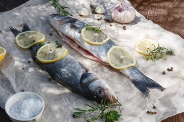 Fresh fish, Seabass, seasoned with spices, garlic and salt.