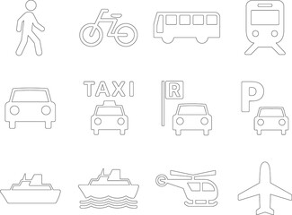交通手段ピクトグラムの線画セット