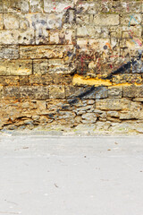 Abstract background old white brick wall with cracks and scratches. Landscape style. Great background or texture.