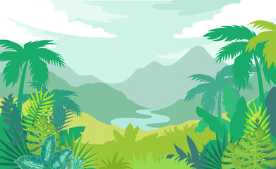 Fototapeta na wymiar Colorful tropical forest landscape vector illustration