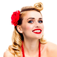 Portrait image of happy smiling beautiful woman. Pin up girl showing cheerful toothy smile. Retro and vintage concept picture. Isolated over white background. Square composition studio picture.