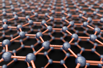 Fototapeta premium 3D rendering of graphene sheets on black surface, blue metalic atoms and orange bonds