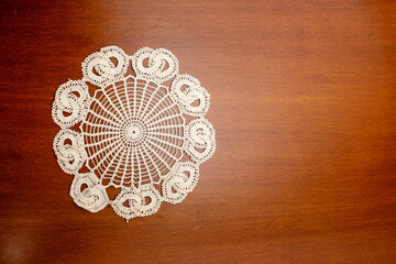 Vintage background with white crochet lace. Knitted frame for wedding and invitation. Background for valentines day or birthday
