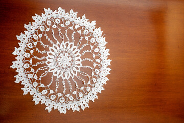 Vintage background with white crochet lace. Knitted frame for wedding and invitation. Background for valentines day or birthday
