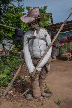 Anti Covid 19 scarecrows in countryside of Cambodia, many people believe that will keep bad spirit away from their home
