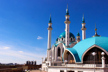 The Kul Sharif mosque in Kazan Kremlin at sunset. View from the Manezh building.The Kul Sharif Mosque is a one of the largest mosques in Russia. Kazan city, Tatarstan, Russia. Muslim place