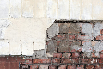 Abstract background old white brick wall with cracks and scratches. Landscape style. Great background or texture.