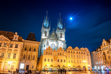 Fototapeta na wymiar The Church of Mother of God before Tyn or Church of Our Lady before Tyn, Gothic Building and a Dominant Feature of the Old Town Square of Prague, the Capital of the Czech Republic, European Union