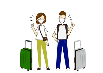 マスクをつけてグッドポーズで旅行に行く男性と女性