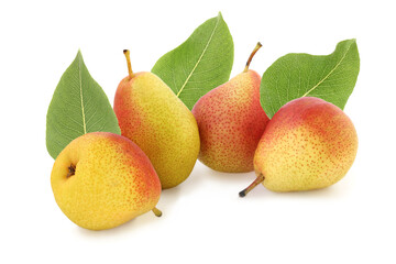 Several tasty red - yellow pears with leaves isolated on white