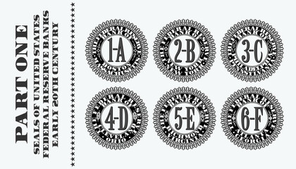 A set of retro seals printed on early twentieth century US Reserve Bank notes. Part one