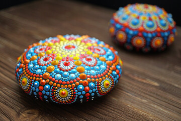 beautiful mandala rock on wood background