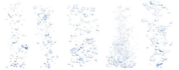 Blue oxygen bubbles, under water, clear liquid with bubbles flowing up on the water surface On a white background