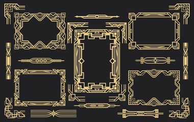 Set of elements in art Deco style. Luxury Frames, corner elements and dividers. Vintage gold ornament Headers and borders. Isolated on a dark background.