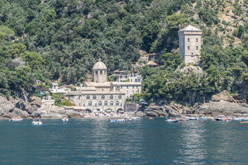 The beautiful bay of San Fruttuoso in Portofino with green water