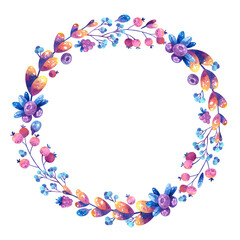 Empty circular frame with purple and pink cosmic plants. Flowers, leaves, berries with symbols of stars  and the moon. Blank floral color frame. Hand drawn watercolor illustration. 
