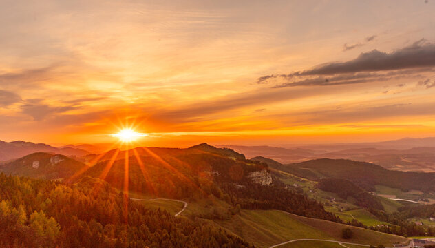 Sunset view from the Belchenflue in Baselland, Switzerland with clouds in the sky