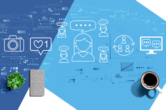 Social media theme with a cup of coffee and a notebook