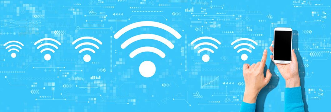 Wifi theme with person using a smartphone on a blue background