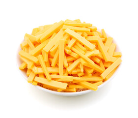 A very close view of shredded cheese.