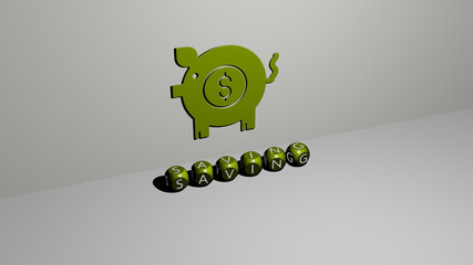 3D illustration of SAVING graphics and text made by metallic dice letters for the related meanings of the concept and presentations. money and background