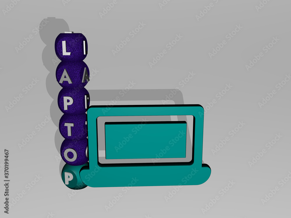 Poster 3d representation of laptop with icon on the wall and text arranged by metallic cubic letters on a m