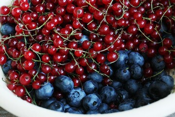 Fresh blueberries and red currants on the table