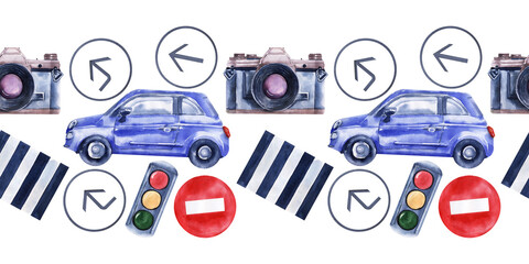 Naklejka premium Watercolor seamless border with cars, road signs, maps and traffic lights