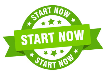start now round ribbon isolated label. start now sign