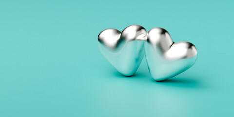two silver hearts on a blue background, valentine's day, web banner or template, 3d rendering