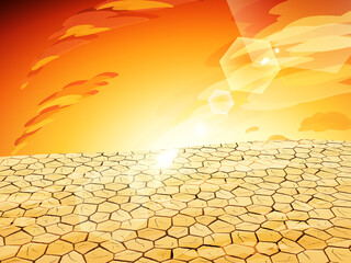 荒地の背景_乾燥してひび割れた大地の風景イラスト_夕焼け © ふわぷか