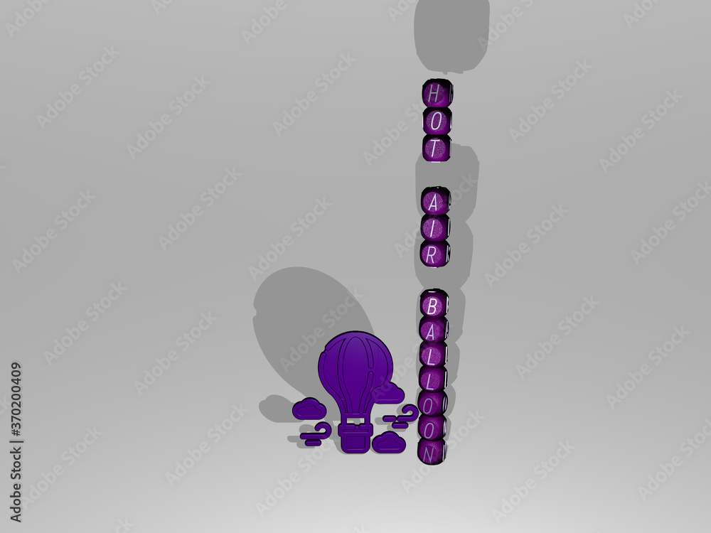 Poster 3d graphical image of hot air balloon vertically along with text built around the icon by metallic c