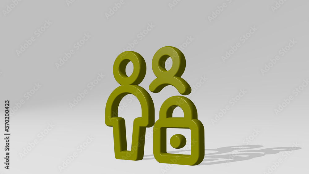 Poster multiple actions lock stand with shadow. 3d illustration of metallic sculpture over a white backgrou