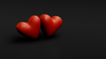 two romantic red hearts on a black background, valentine's day, web banner or template, 3d rendering