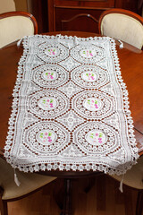 Vintage background with white crochet lace. Knitted frame for wedding and invitation. Background for valentines day or birthday